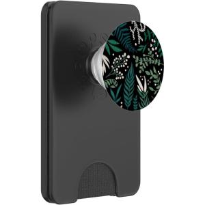 Green Botanical Fern Leaves & White Berry Blossom Pattern PopSockets PopGrip for MagSafe(Magnetic PopWallet)