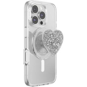 PopSockets Phone Grip for MagSafe, Magnetic Holder, Phone Stand, Silver – Confetti Heart Silver Sizzle
