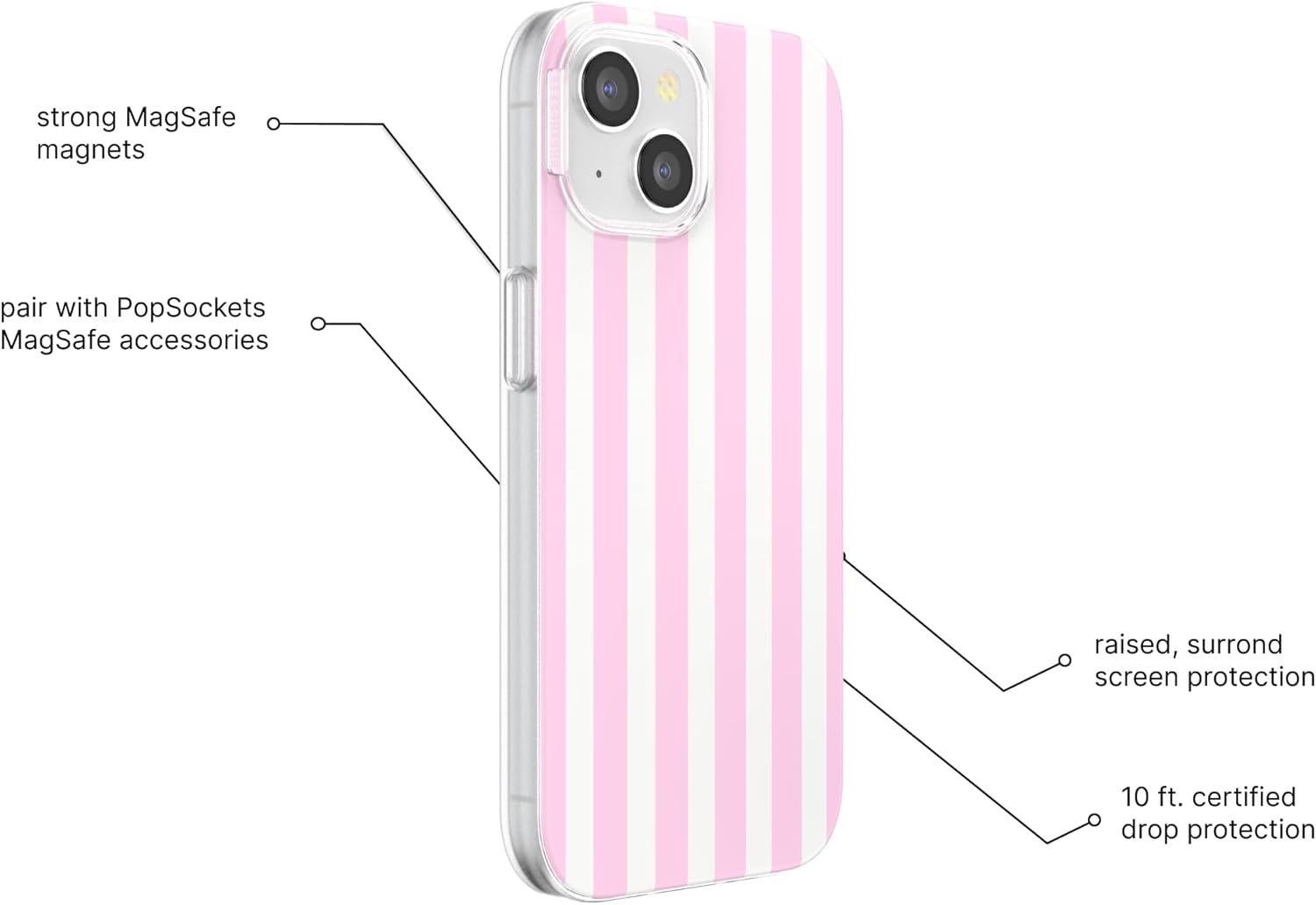 imagePopSockets iPhone 15 Case Compatible with MagSafe Phone Case for iPhone 15 Wireless Charging Compatible Case Only GinghamClub Stripe Pink