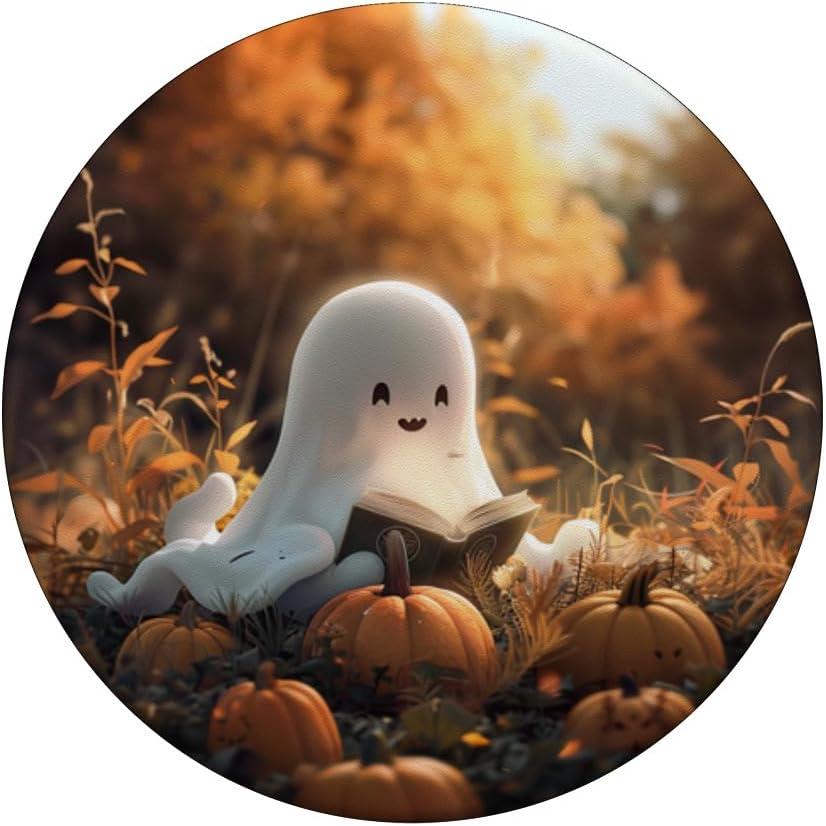 imageCute Ghost Reading a Book with Pumpkin at Fall PopSockets Adhesive PopGripAdhesive PopGrip