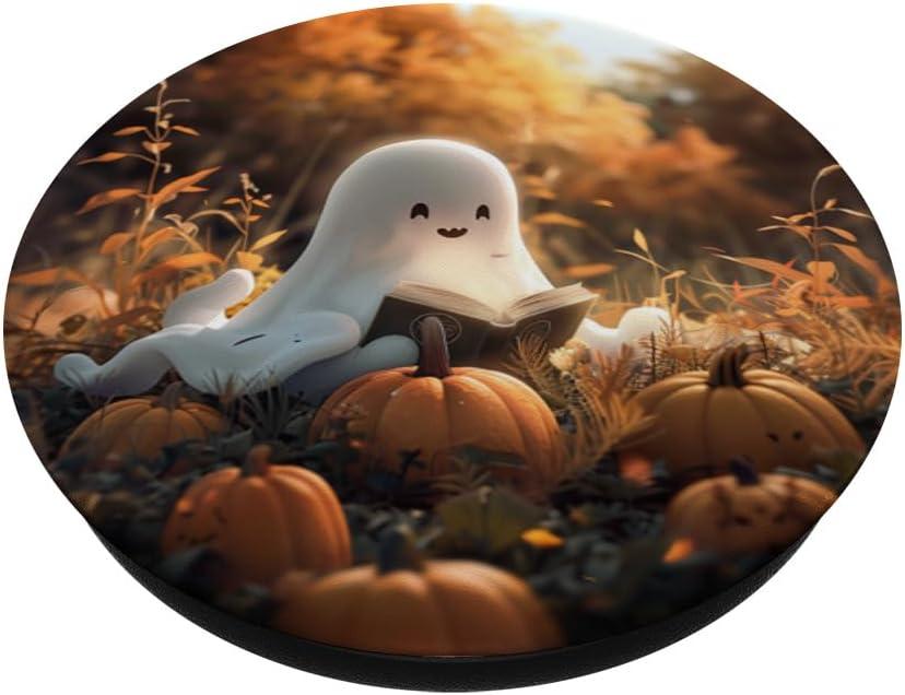 imageCute Ghost Reading a Book with Pumpkin at Fall PopSockets Adhesive PopGripAdhesive PopGrip