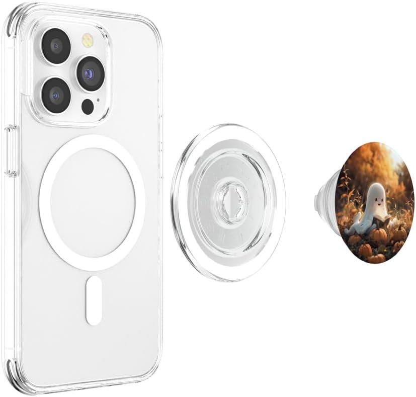 imageCute Ghost Reading a Book with Pumpkin at Fall PopSockets Adhesive PopGripMagnetic PopGrip