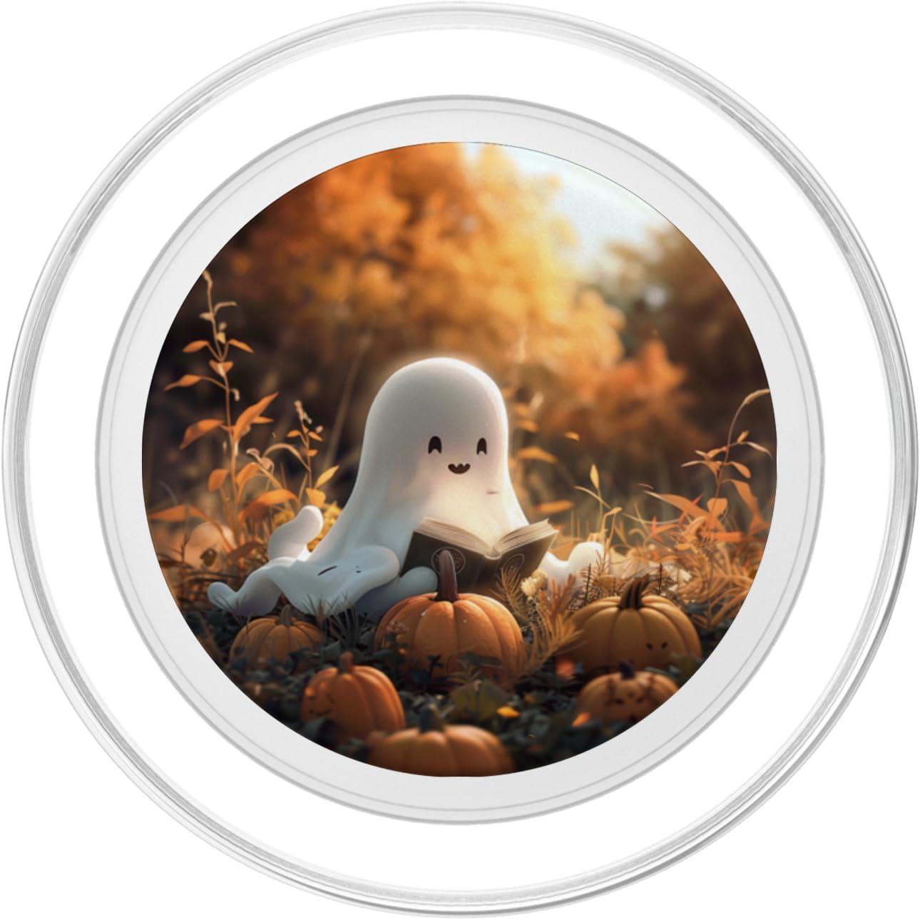 imageCute Ghost Reading a Book with Pumpkin at Fall PopSockets Adhesive PopGripMagnetic PopGrip