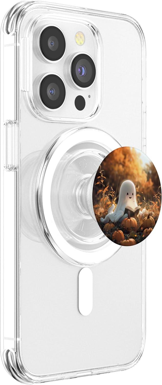 imageCute Ghost Reading a Book with Pumpkin at Fall PopSockets Adhesive PopGripMagnetic PopGrip