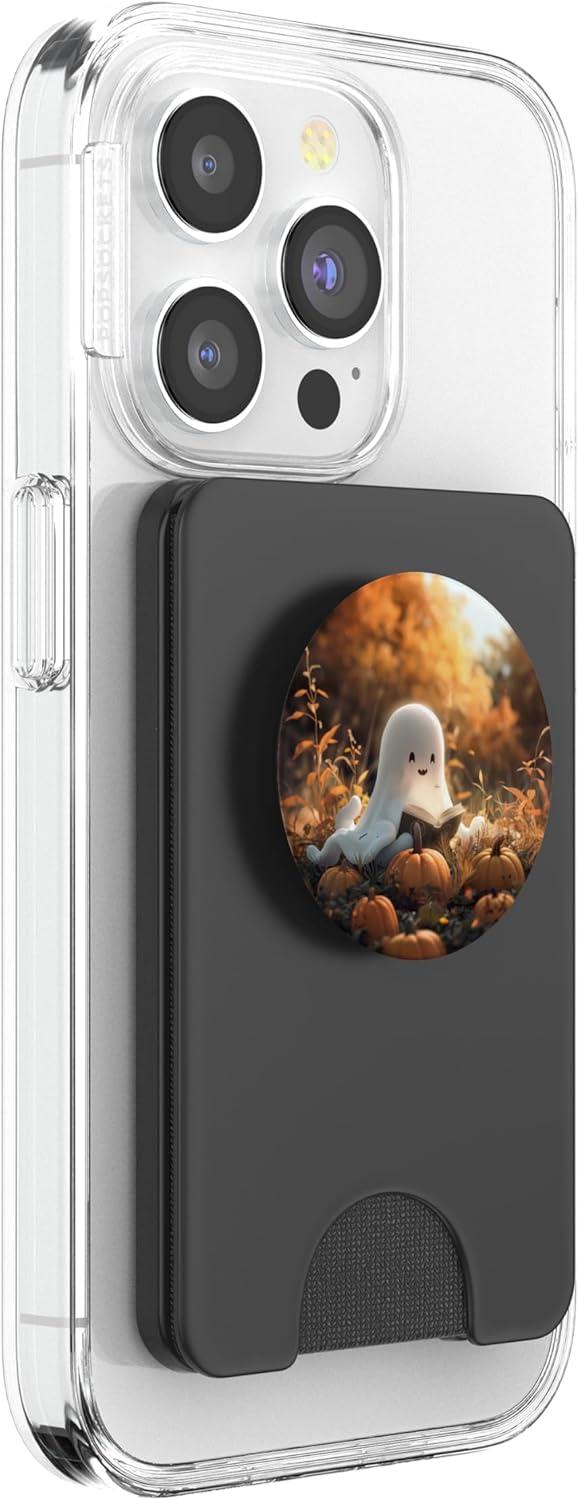 imageCute Ghost Reading a Book with Pumpkin at Fall PopSockets Adhesive PopGripMagnetic PopWallet