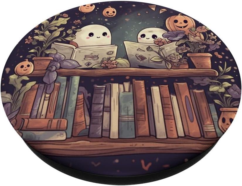 imageCute Ghosts Reading Books Halloween Librarian Book Lover PopSockets Adhesive PopGripAdhesive PopGrip