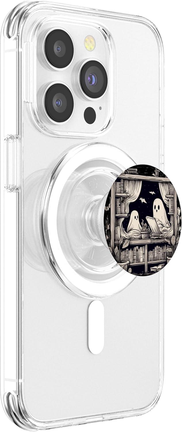 imageSpooky Ghosts Reading Books Library Bookworm Retro Bookish PopSockets Adhesive PopGripMagnetic PopGrip