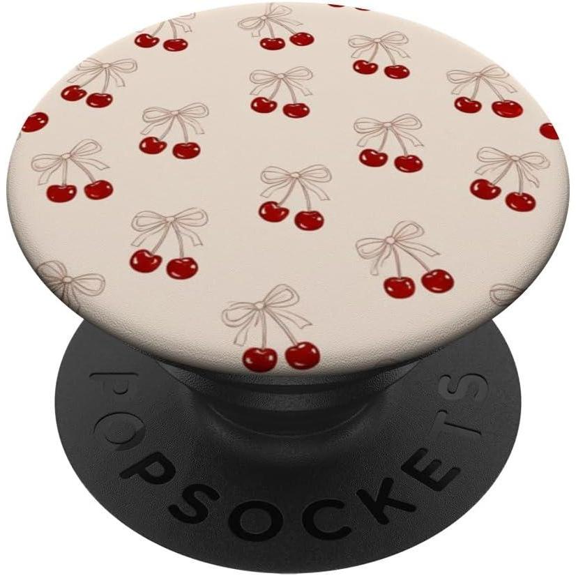imageCherry Beige Bow Coquette Pattern Cute Aesthetic Girly PopSockets Adhesive PopGripAdhesive PopGrip