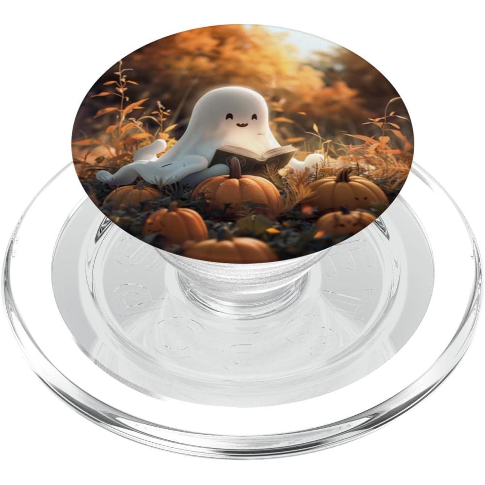 imageCute Ghost Reading a Book with Pumpkin at Fall PopSockets Adhesive PopGripMagnetic PopGrip