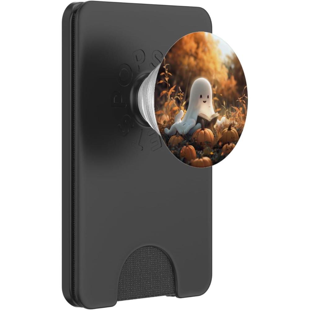 imageCute Ghost Reading a Book with Pumpkin at Fall PopSockets Adhesive PopGripMagnetic PopWallet