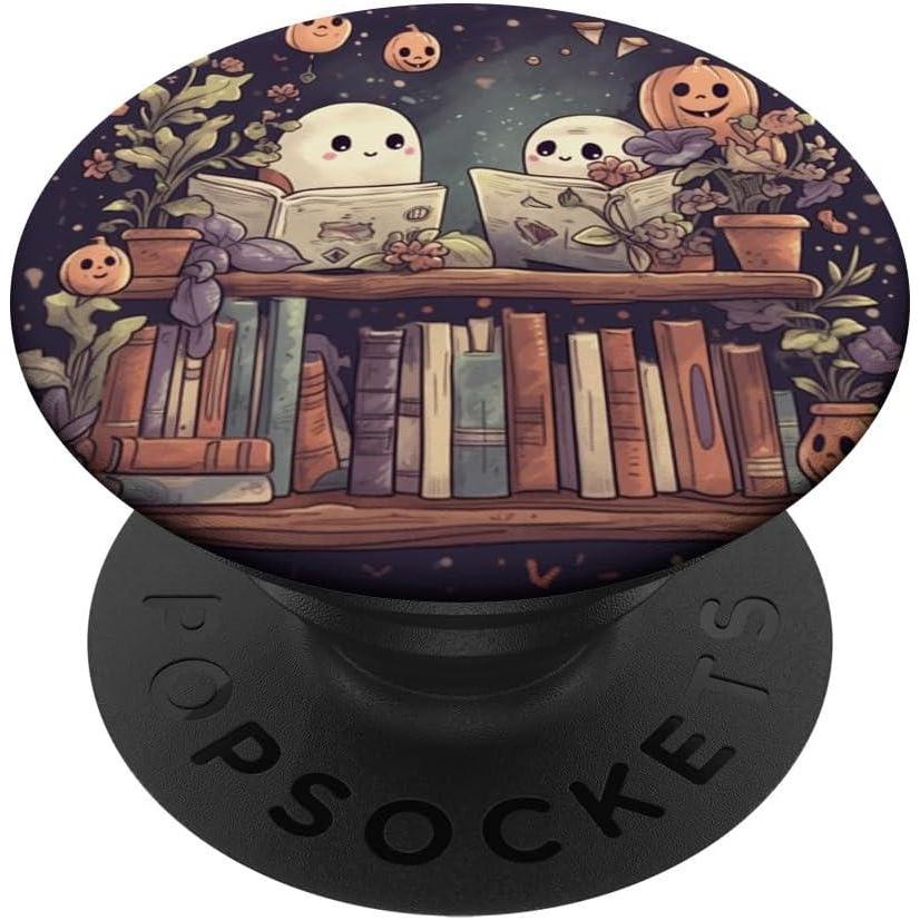 imageCute Ghosts Reading Books Halloween Librarian Book Lover PopSockets Adhesive PopGripAdhesive PopGrip
