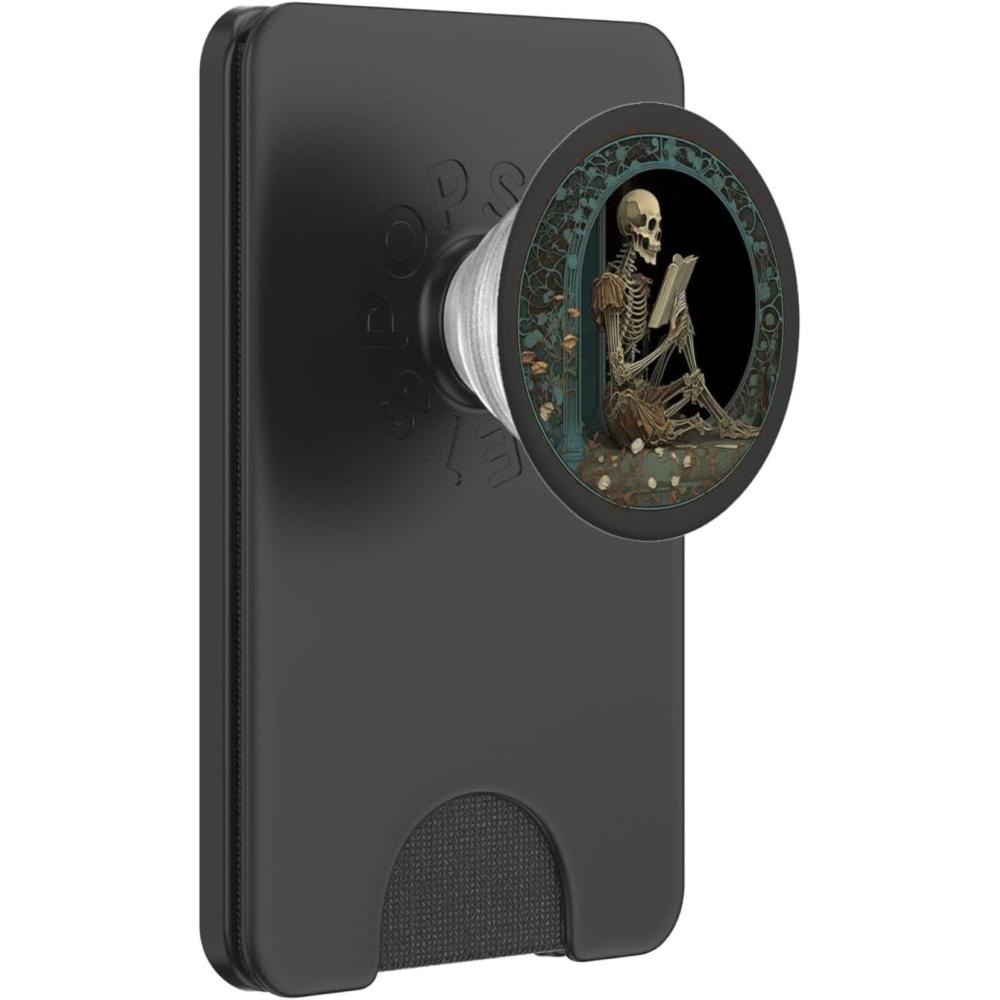 imageCute amp Creepy Book Lover Goth Skull Design Co Librarian Skeleton Gothic Goth Book Reading Lover PopSocket Adhesive PopGrip for Smartphones with Smooth Hard Plastic Cases  BlackMagnetic PopWallet