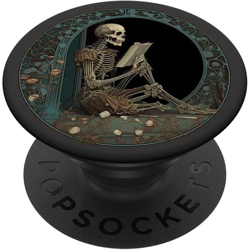 imageCute amp Creepy Book Lover Goth Skull Design Co Librarian Skeleton Gothic Goth Book Reading Lover PopSocket Adhesive PopGrip for Smartphones with Smooth Hard Plastic Cases  BlackAdhesive PopGrip