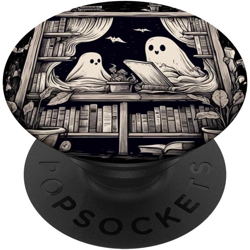 imageSpooky Ghosts Reading Books Library Bookworm Retro Bookish PopSockets Adhesive PopGripAdhesive PopGrip