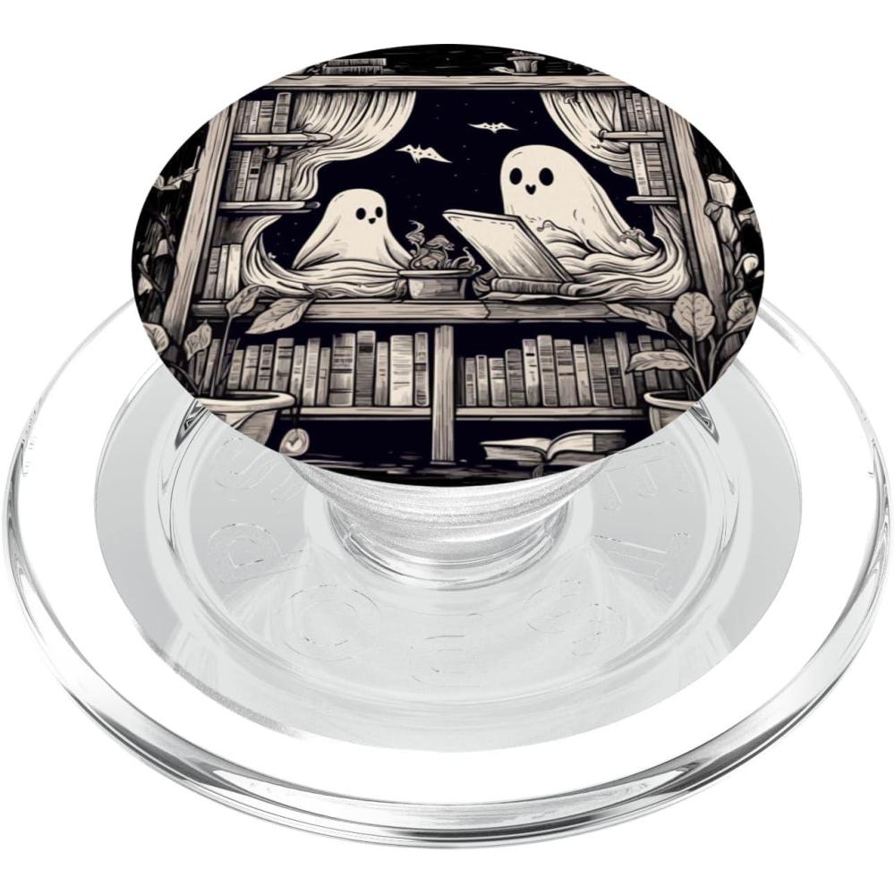 imageSpooky Ghosts Reading Books Library Bookworm Retro Bookish PopSockets Adhesive PopGripMagnetic PopGrip