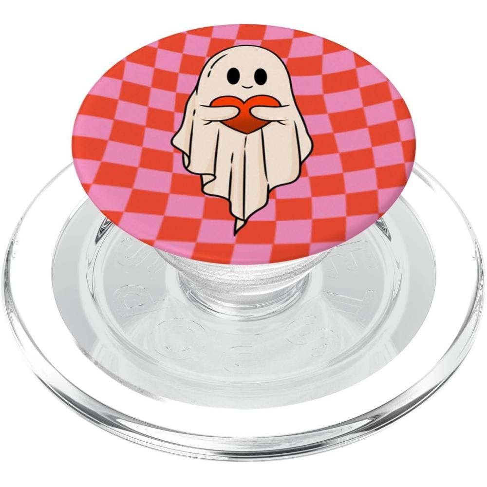 imageValentine Retro Ghost Hugging Heart Checkerboard Pink Red PopSockets Adhesive PopGripMagnetic PopGrip