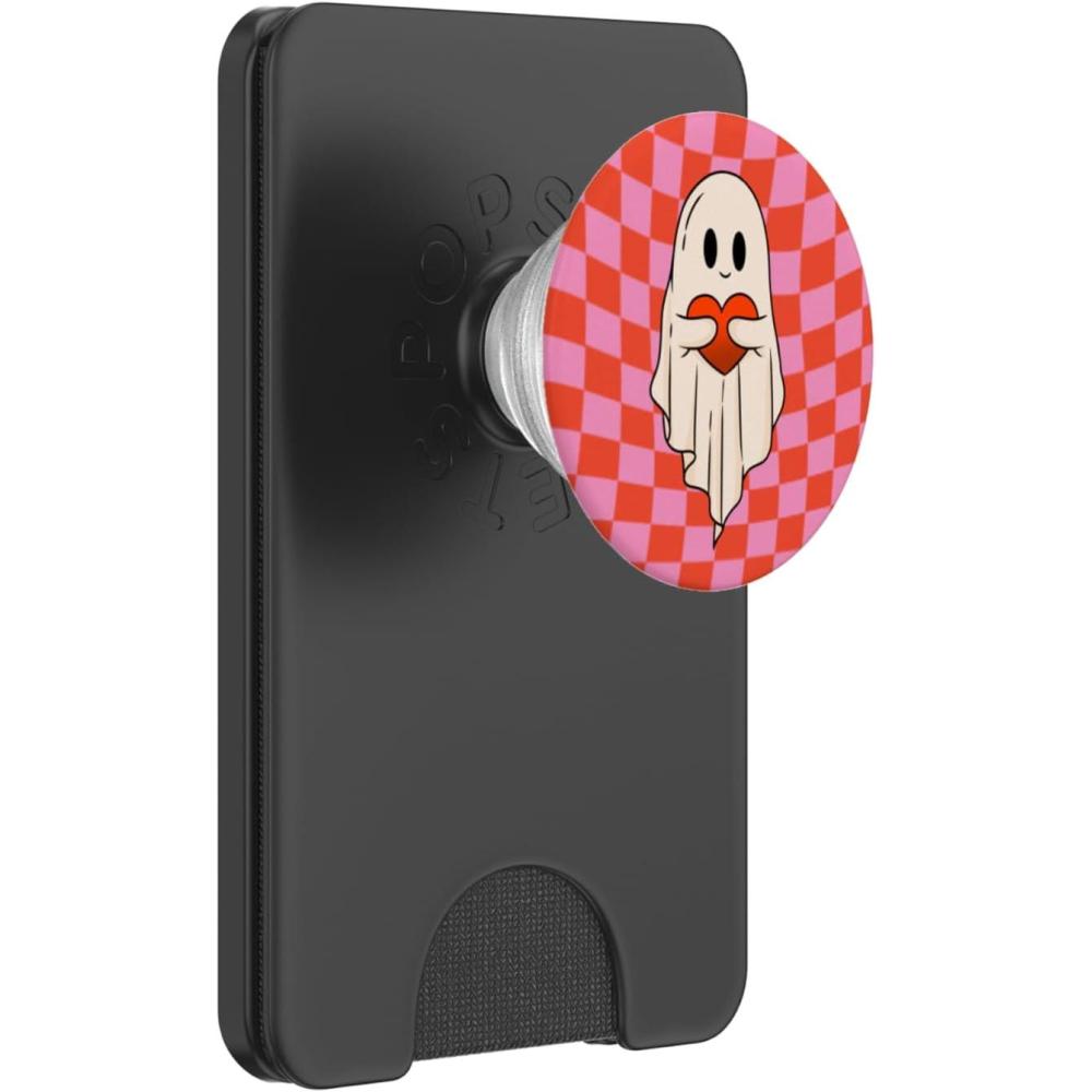 imageValentine Retro Ghost Hugging Heart Checkerboard Pink Red PopSockets Adhesive PopGripMagnetic PopWallet