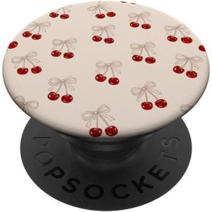 Cherry Beige Bow Coquette Pattern Cute Aesthetic Girly PopSockets Adhesive PopGrip(Adhesive PopGrip)