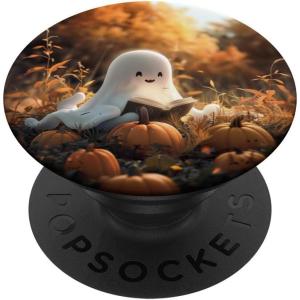 Cute Ghost Reading a Book with Pumpkin at Fall PopSockets Adhesive PopGrip(Adhesive PopGrip)