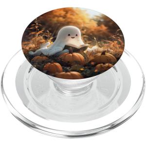 Cute Ghost Reading a Book with Pumpkin at Fall PopSockets Adhesive PopGrip(Magnetic PopGrip)