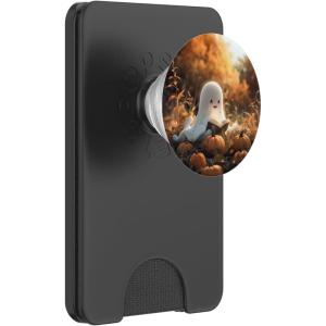 Cute Ghost Reading a Book with Pumpkin at Fall PopSockets Adhesive PopGrip(Magnetic PopWallet)