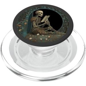 Cute & Creepy Book Lover Goth Skull Design Co Librarian Skeleton Gothic Goth Book Reading Lover PopSocket Adhesive PopGrip for Smartphones with Smooth, Hard, Plastic Cases – Black(Magnetic PopGrip)