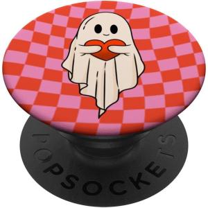 Valentine Retro Ghost Hugging Heart Checkerboard Pink Red PopSockets Adhesive PopGrip(Adhesive PopGrip)