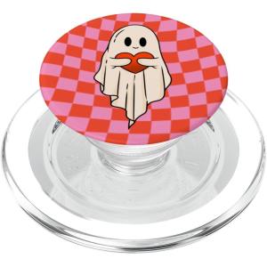 Valentine Retro Ghost Hugging Heart Checkerboard Pink Red PopSockets Adhesive PopGrip(Magnetic PopGrip)