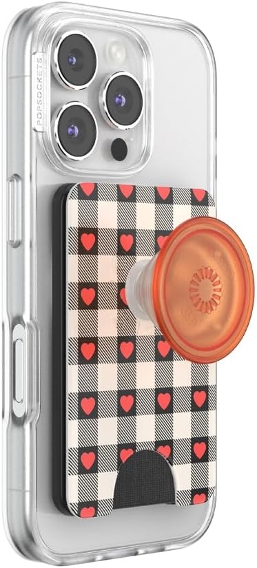 image:imagePopSockets Phone Wallet with Expanding Grip Phone Card Holder Wireless Charging Compatible Wallet Compatible with MagSafe Licorice DotHeartbreaker Gingham