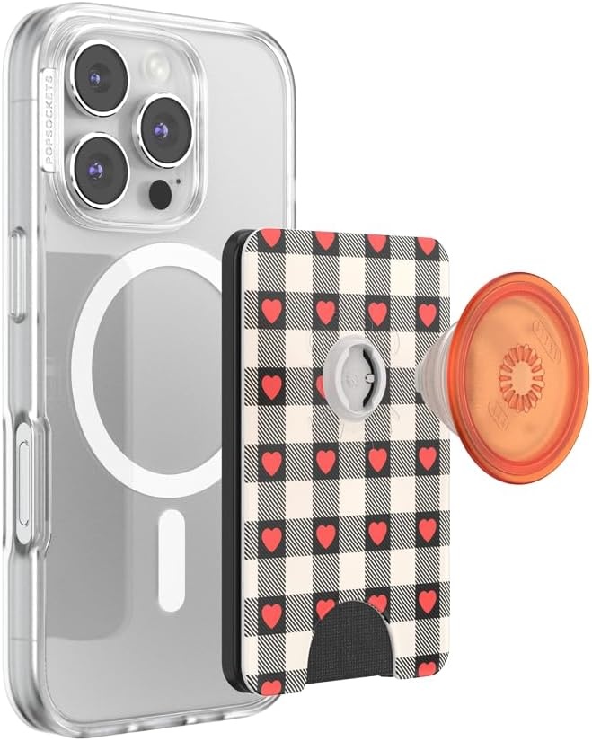 image:imagePopSockets Phone Wallet with Expanding Grip Phone Card Holder Wireless Charging Compatible Wallet Compatible with MagSafe Licorice DotHeartbreaker Gingham