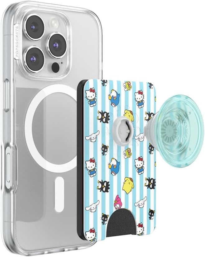 image:imagePopSockets Phone Wallet with Expanding Grip Phone Card Holder Wireless Charging Compatible Wallet Compatible with MagSafe Licorice DotHello Kitty and Friends Stripe