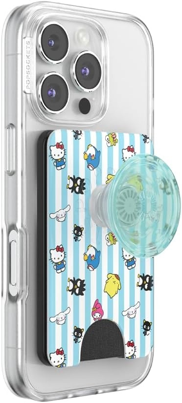 image:imagePopSockets Phone Wallet with Expanding Grip Phone Card Holder Wireless Charging Compatible Wallet Compatible with MagSafe Licorice DotHello Kitty and Friends Stripe