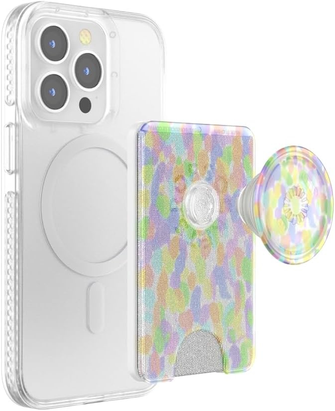 image:imagePopSockets Phone Wallet with Expanding Grip Phone Card Holder Wireless Charging Compatible Wallet Compatible with MagSafe Licorice DotRainbow Glass