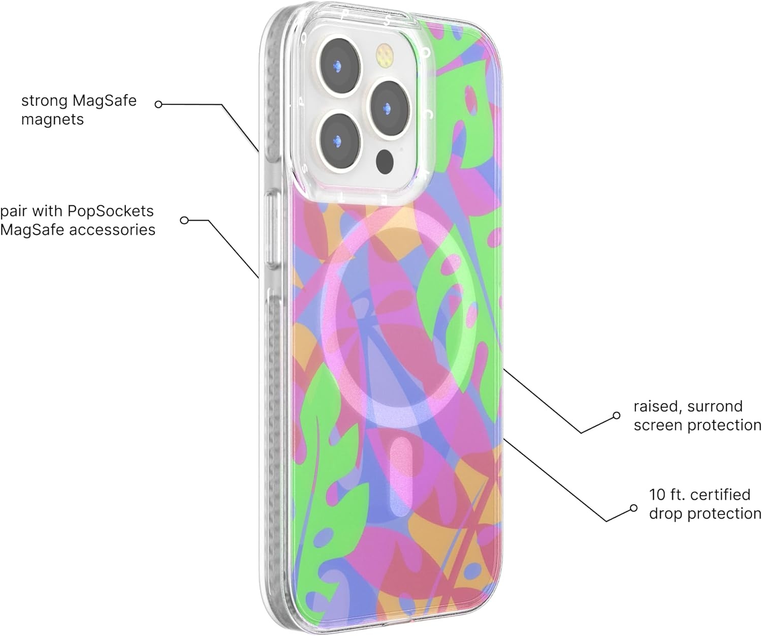image:imagePopSockets iPhone 16 Pro Case Compatible with MagSafe Phone Case for iPhone 16 Pro Wireless Charging Compatible Case Only Black LaceBoca Palms Pink