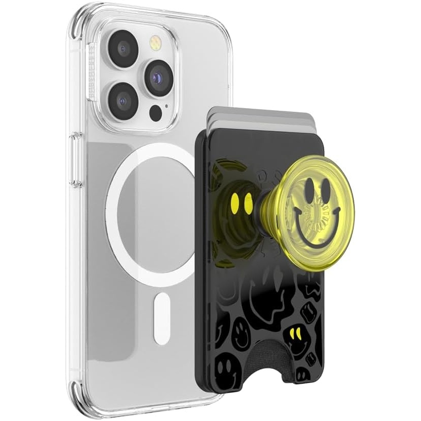 image:imagePopSockets Phone Wallet with Expanding Grip Phone Card Holder Wireless Charging Compatible Wallet Compatible with MagSafe Licorice DotAll Smiles