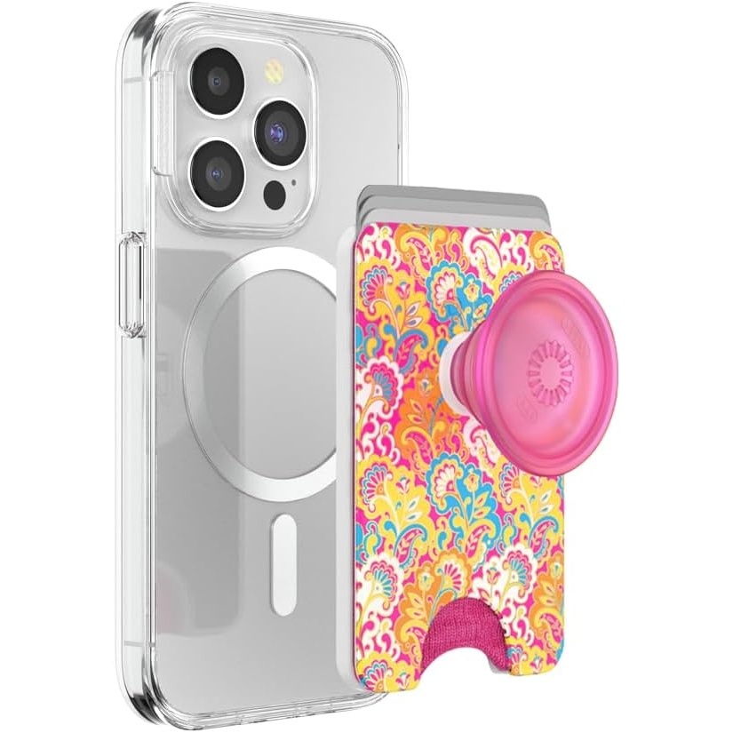 image:imagePopSockets Phone Wallet with Expanding Grip Phone Card Holder Wireless Charging Compatible Wallet Compatible with MagSafe Licorice DotPaisley Gaudy