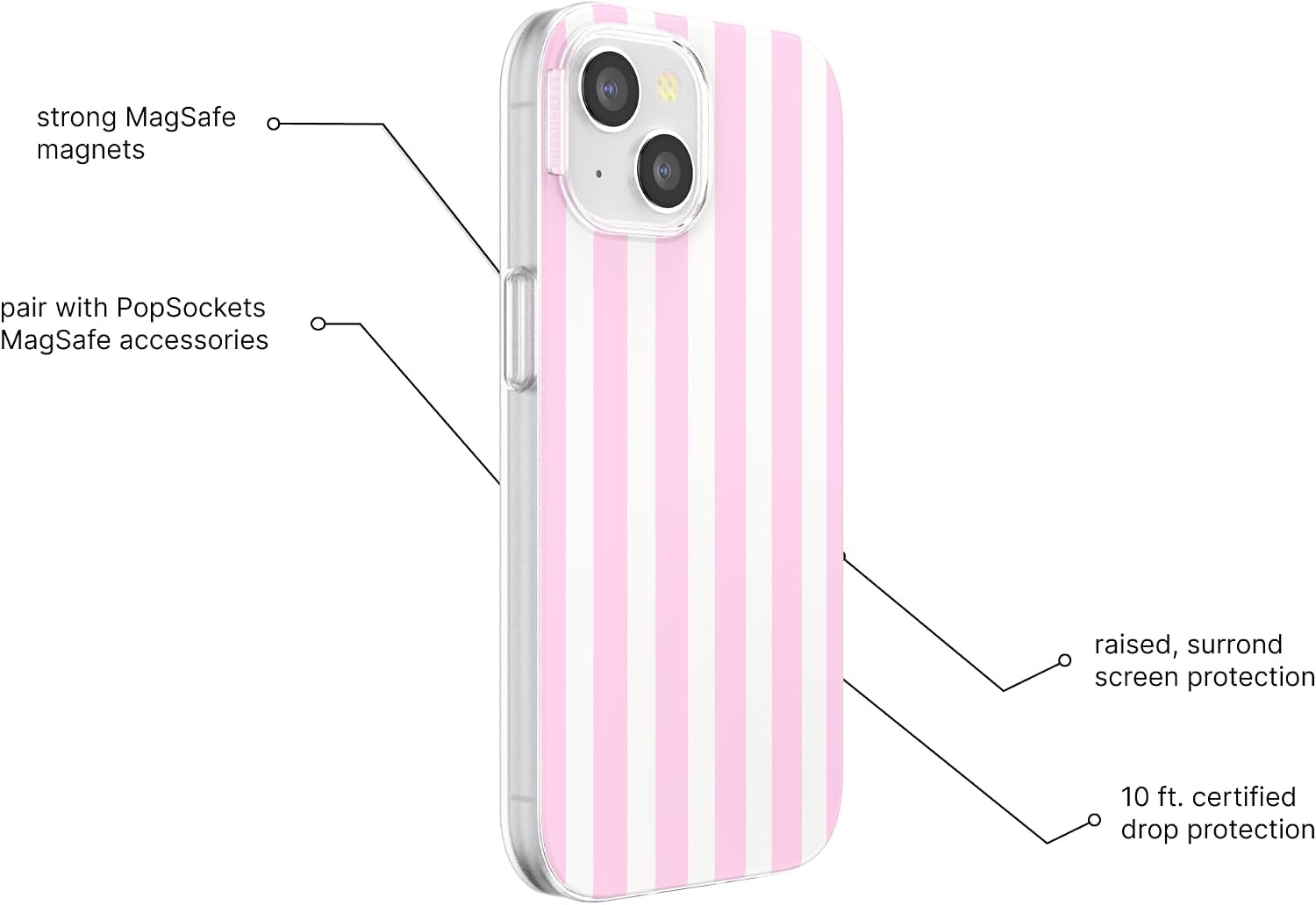 image:imagePopSockets iPhone 13 Phone Case with MagSafe Wireless Charging Compatible Checkered Blush GinghamClub Stripe Pink