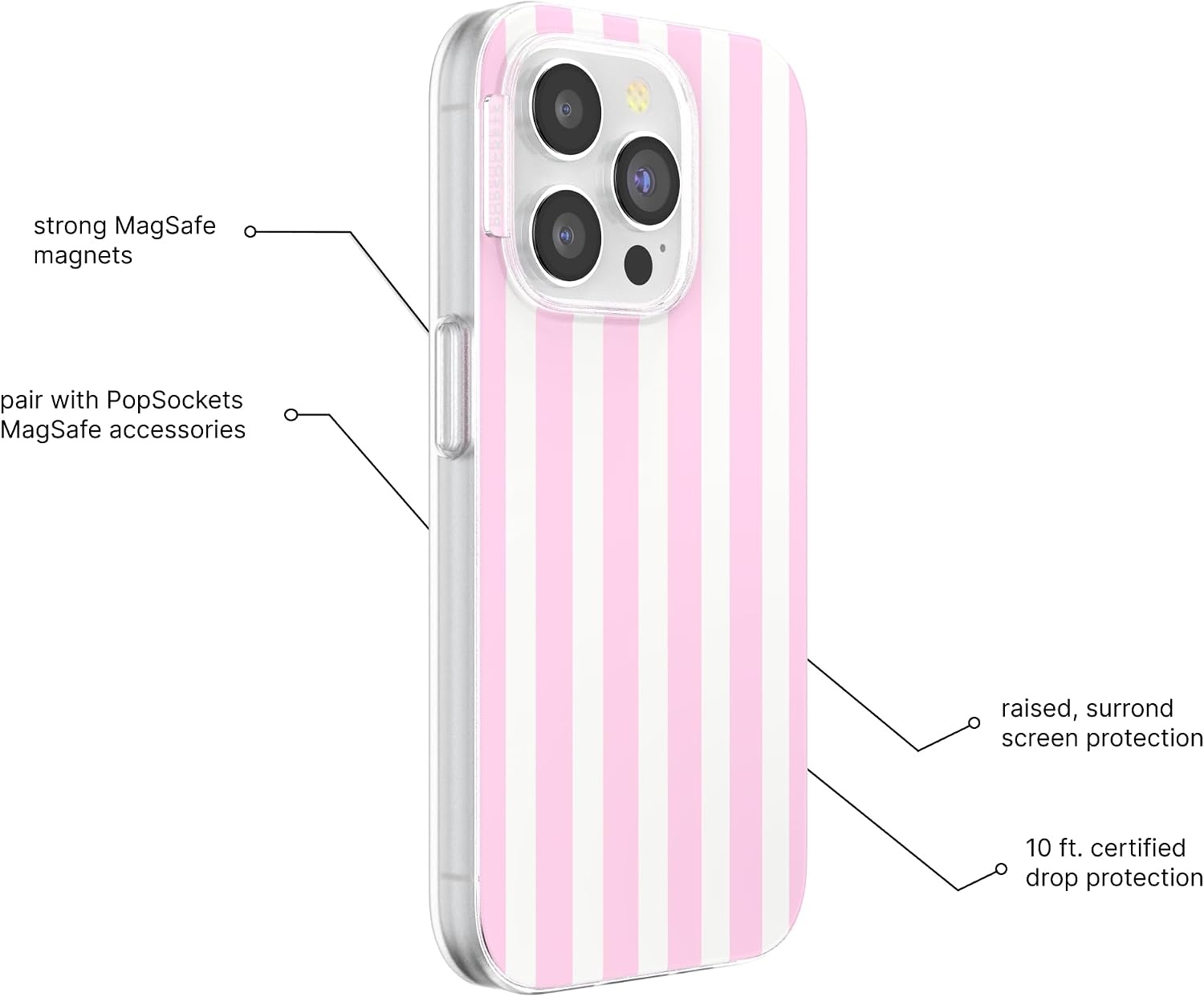 image:imagePopSockets iPhone 13 Phone Case with MagSafe Wireless Charging Compatible Checkered Blush GinghamClub Stripe Pink